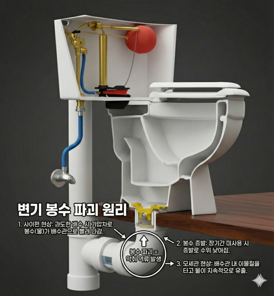 변기 봉수파괴(유도 사이펀) 원리 설명 그림 — 공용 오수관 음압으로 변기 물이 빠지는 구조
