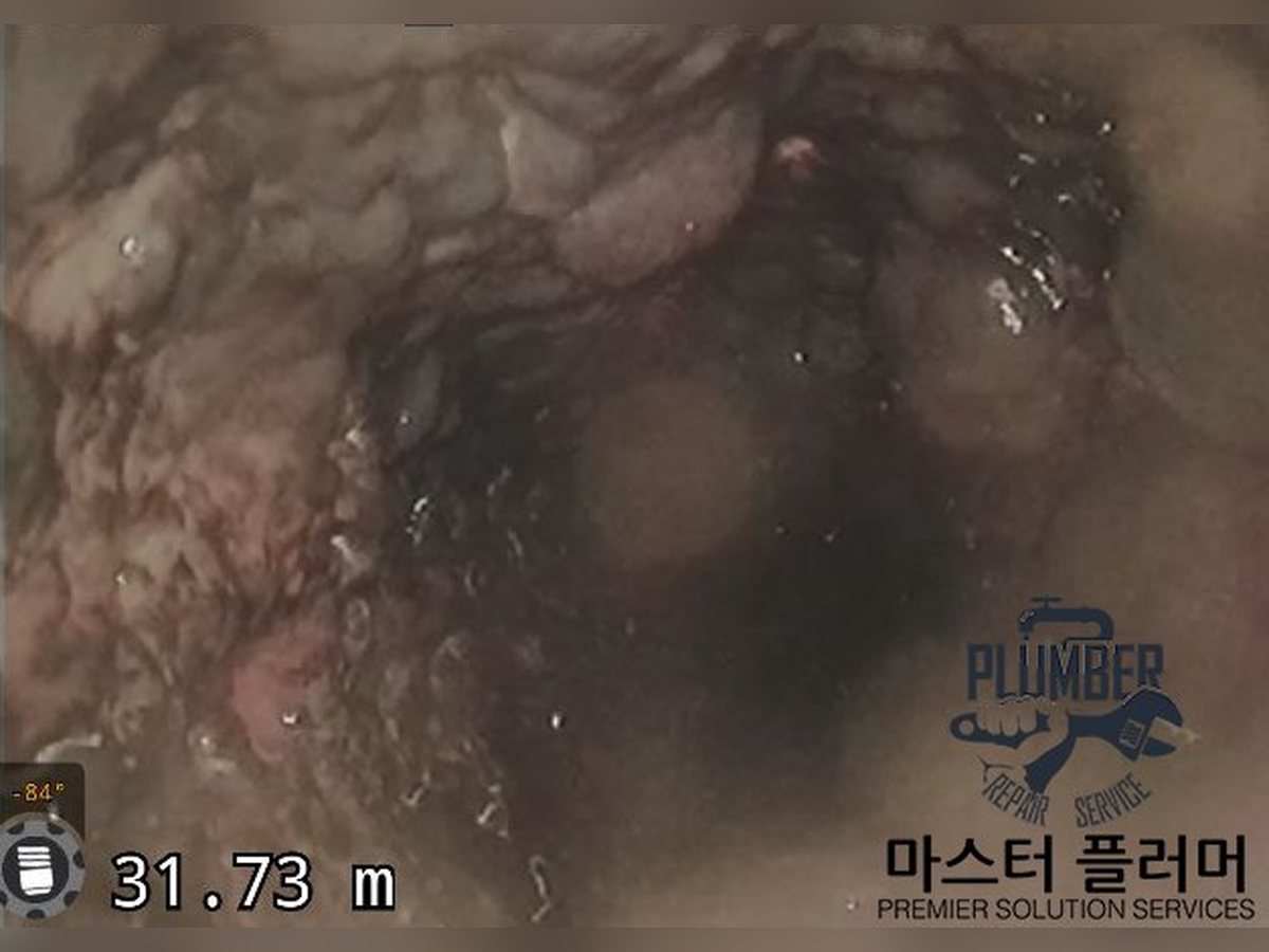 오수관 입상관 벽면에 오물이 붙어 있는 세척 전 내시경 화면