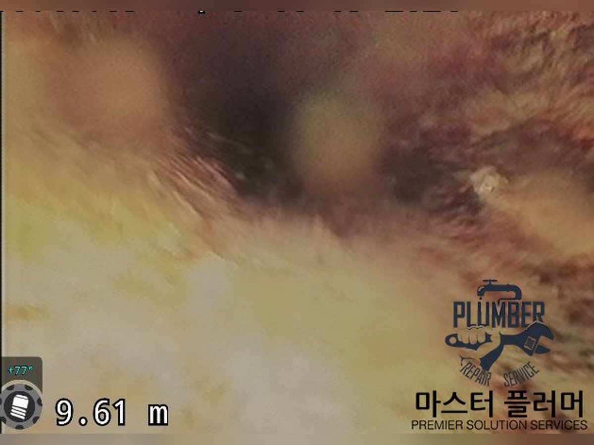 오수 횡주관 안에 쌓인 오물을 보여 주는 내시경 화면